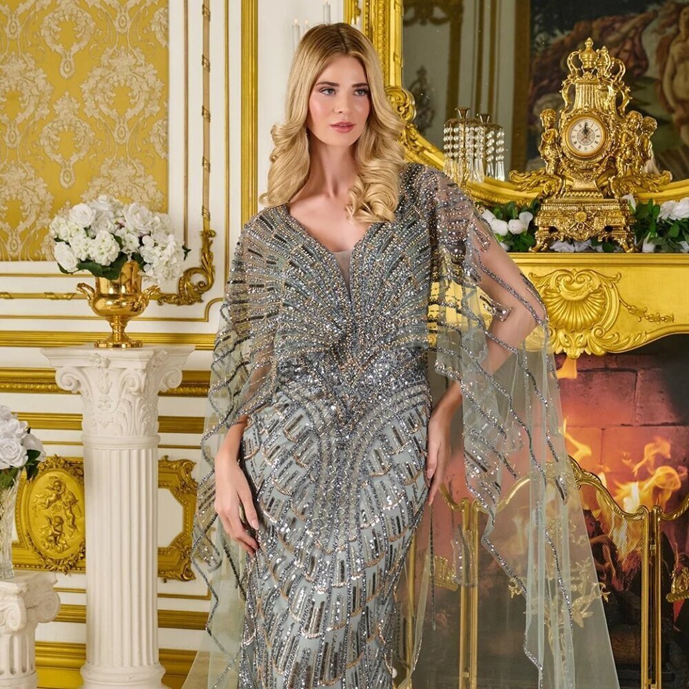 New Beads Embellished Mother Of Bride Gown w/ Mesh Cape & V-Neckline GL3834